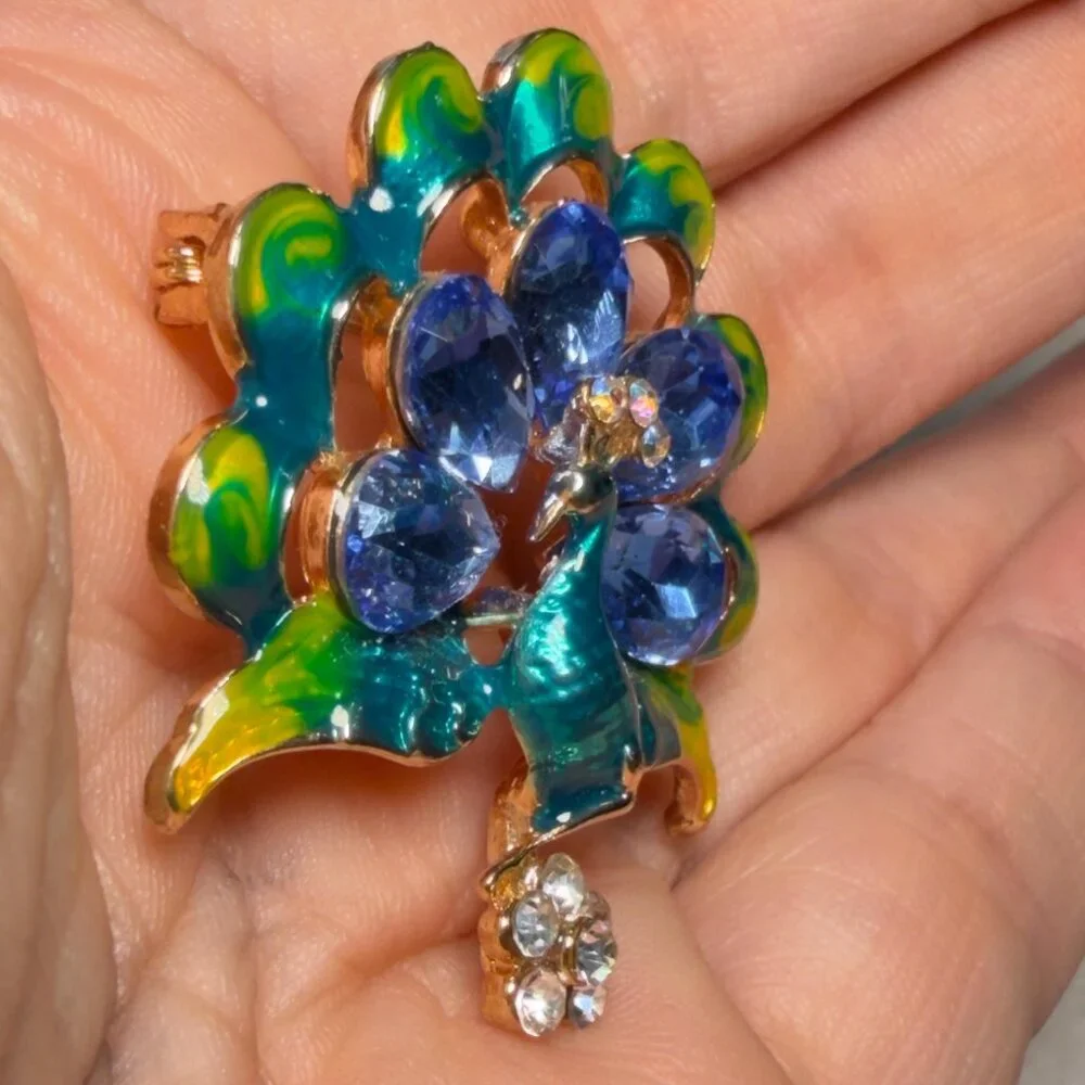 Peacock Brooch Blue Rhinestone Enamel Statement Pin – 1.75”